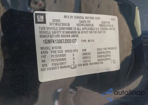 2007 Chevrolet Tahoe Ltz from USA, damaged, VIN 1GNFK13087J355127